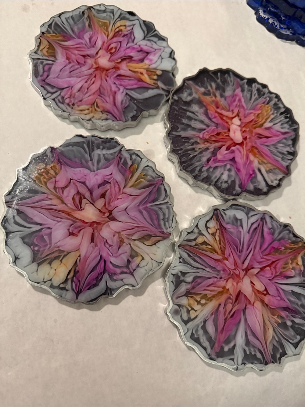 Hand-Poured Floral Resin Coasters - Pink & Gray